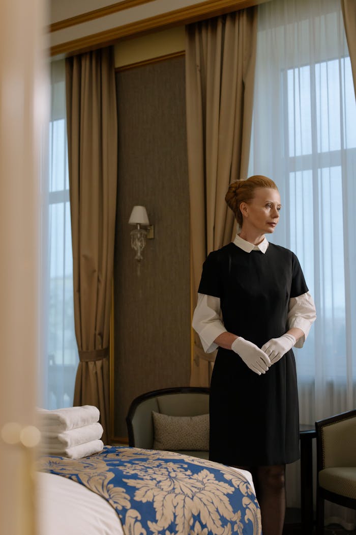 Chambermaid stands prepared with towels in a stylish hotel room.